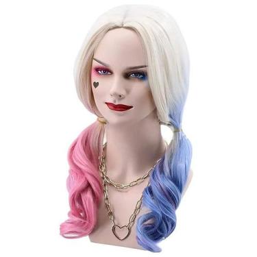 Imagem de Peruca de cosplay loira rosa azul rabo de cavalo 45 cm resistente ao c