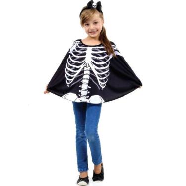 Imagem de  Fantasia Caveira Infantil Menina Poncho Esqueleto Com Tiara - Sulamer