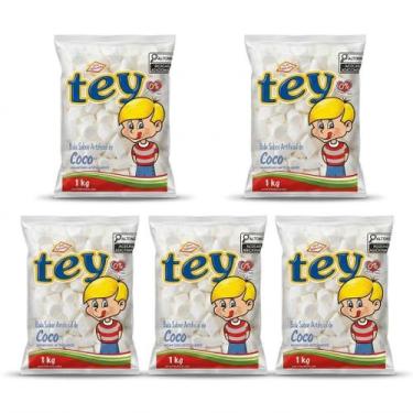 Imagem de Kit 5 pacotes Bala Coco Tey 1Kg Macia Sabor Coco Lanche Receita Mesa D