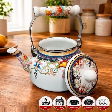 Imagem de Chaleira Esmaltada para Todos Fogões Vintage 2,5L Ferro com Aquecimento Rápido Branco Indiana Ranch