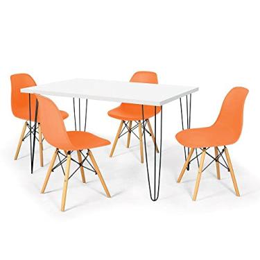 Imagem de Conjunto Mesa de Jantar Hairpin 130x80 Branca com 4 Cadeiras Eames Eiffel - Laranja