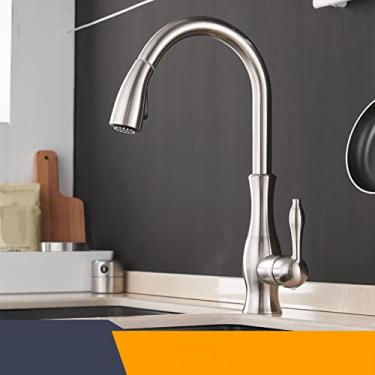 Imagem de Torneiras de cozinha de ouro prata alça única pull out torneira de cozinha de furo único giratório grau torneira misturador de água torneira misturadora, 866011, escovado, china