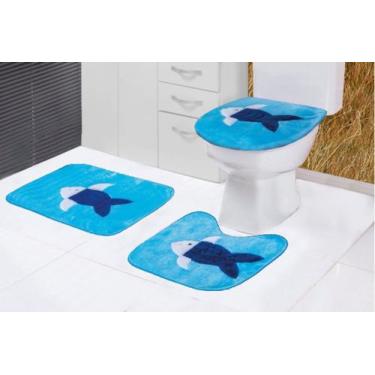 Imagem de Tapete Banheiro Peixe Pelucia Antiderrapante Kit 3 Peças Azul Turquesa