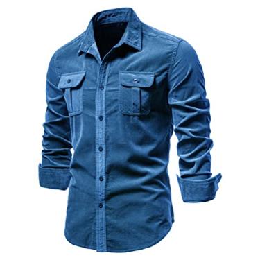 Imagem de JMKEY Camiseta Masculina de veludo cotelê Negócios Camisas Casuais Slim Fit Manga Longa Botão Bolso Tops Jaqueta