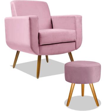 Imagem de Combo Poltrona Decorativa Cristal com Puff Redondo Pés Madeira Suede Rosa