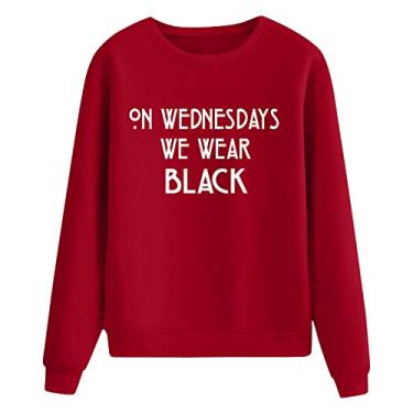 Imagem de Pulôver feminino moda Sweashirt casual gola redonda manga longa às quartas-feiras nós usamos camiseta preta com estampa de letras (vermelho, G), Vermelho, G
