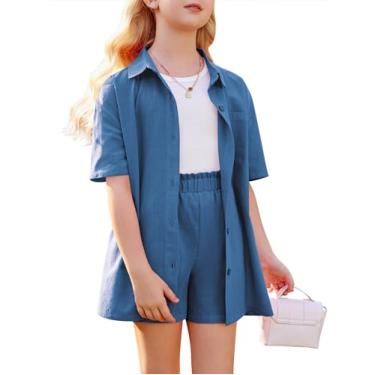 Imagem de Flypigs Conjunto de 2 peças de linho para meninas, conjunto de camisa de algodão com botões e gola de manga curta, 6 a 13 anos, Azul marinho, 10-11 Anos