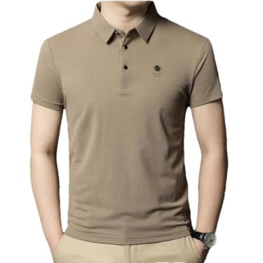 Imagem de Camisa masculina leve de manga curta com design waffle de verão camiseta casual de seda gelada, Caqui, GG