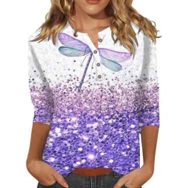 Imagem de Camiseta feminina manga 3/4 estampa floral Henley blusa solta casual blusas elegantes túnica camiseta elegante, Roxa, 3G