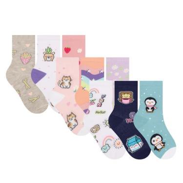 Imagem de Kit Com 12 Pares Meias Infantil Selene Estampada Calcanhar Verdadeiro,