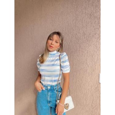 Imagem de Blusa princesa gola alta tl listrada branco e azul - TAIS LOURANI TSHI