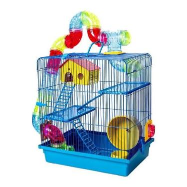 Imagem de Gaiola Hamster Grande 3 Andares Luxo Com Tubo Rodinha Azul - Jelplast