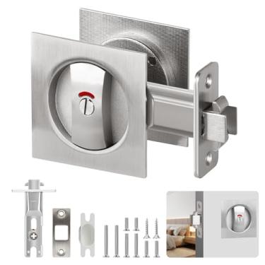 Imagem de Fechadura de porta de bolso com indicador, fechadura quadrada de privacidade prateada, fechadura deslizante contemporânea para quarto e banheiro