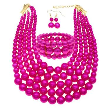 Imagem de Falso Big Pearl Srand Colares para Mulheres 5 Camadas Pérolas Gargantilha Colar Colar Pulseira e Brincos Conjunto 1920 Fantasia Pérola Joias Casamento, Adjustable, Zinco, Pérola sintética
