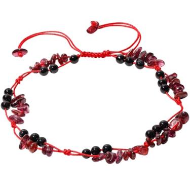 Imagem de Wizock Tornozeleira com contas de ágata preta/granada em camadas, ajustável, artesanal, lascas de cristal, pulseiras de tornozelo para mulheres, amor, boho, verão, praia, joias, Medium, Pedra, Granada