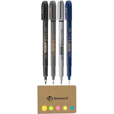 Imagem de Caneta pincel Zebra Fude Sign, super fina, média, cinza, pacote com 4, conjunto econômico com notas adesivas