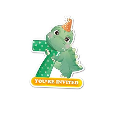 Imagem de Opomzk Convites de festa de 7 anos de dinossauro fofo com envelopes, conjunto de 20 convites de dinossauro, sete formas, convites de festa infantil de sétimo aniversário, lembrancinhas de suprimentos
