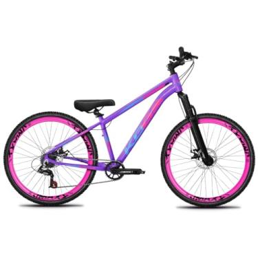 Imagem de Bike Aro 26 KOG Para Grau em Alumínio com Relação 1x7 Marchas Estilo Freeride Rebaixada com Aros Vmaxx Coloridos Pedivela 34D e Suspensão de 80mm de Curso,Lilas Brilho Rosa