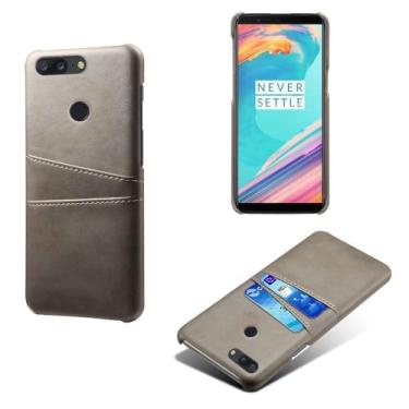 Imagem de Capas Compatível com Oneplus 5T,Caso de couro PU-Tampa de telefone a prova de choque com 2 slots de cartão,Proteção anti-impressão digital e anti-gota-Grey