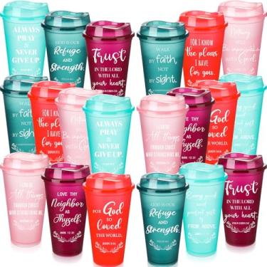 Imagem de Skylety Pacote com 20 Presentes Cristãos para Homens Mulheres 473 ml Versículo da Bíblia Copo a granel Copos de Café de Plástico com Tampas Presentes Religiosos Inspiradores para Igreja Cristã Festa