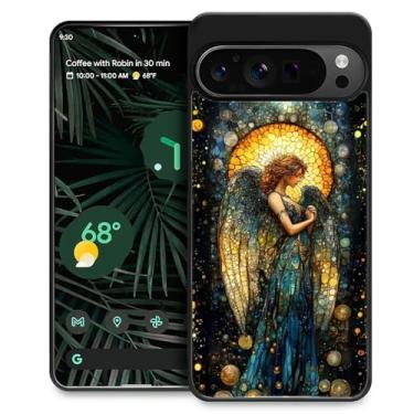 Imagem de CARLOCA Capa compatível com Google Pixel 9 Pro XL para meninas à prova de choque antiarranhões capa traseira de policarbonato rígido estética padrão dourado vitral asas anjo
