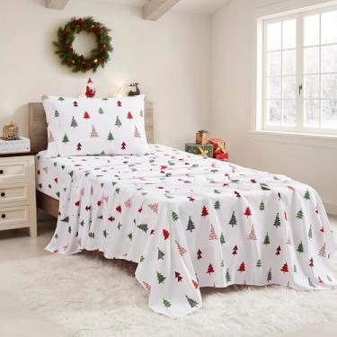 Imagem de Lençóis de Natal tamanho casal com tiras embutidas – Roupa de cama aconchegante de Natal para alegria de férias e sonhos de inverno – Sono macio e confortável para celebrações sazonais, árvores de