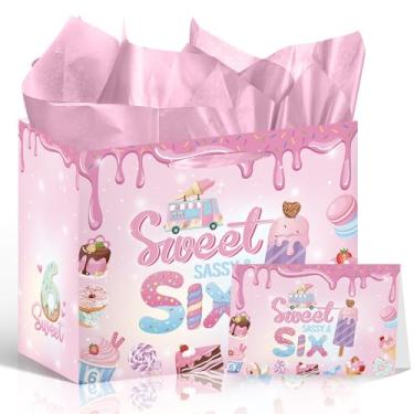 Imagem de Wxiben Sweet 6th Birthday Gift Bag - Sweet Sassy e Seis Decorações de Aniversário, Saco de Embrulho de Festa Rosa com Alças Cartão de Saudações Papel de Sedo para Meninas de 6 Anos Suprimentos de