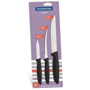 Imagem de Conjunto De Facas Plenus Com Lâmina Em Aço Inox E Cabo De Polipropileno Preto 3 Peças Tramontina