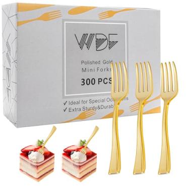 Imagem de WDF Mini garfos de plástico descartáveis 300 peças de 10 cm | Garfos de plástico dourado | Garfos de degustação de plástico resistente de Ação de Graças | Perfeito para pequenos aperitivos e