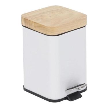 Imagem de Lixeira De Banheiro Tampo De Madeira 3L 16X15X25Cm - Branco