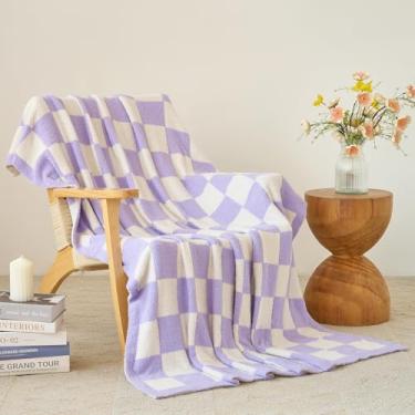 Imagem de Xiashrk Cobertor xadrez para sofá, manta quadriculada para sofá-cama, cobertor de viagem decorativo xadrez aconchegante para acampamento na sala de estar (roxo lavanda, 127 x 152 cm)