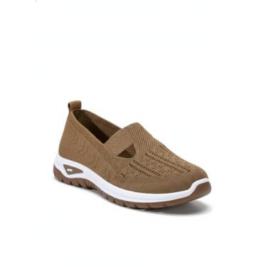 Imagem de Tênis De Caminhada Feminino Ortopédico De Malha Tênis De corrida Esportivo Atlético Sapatilhas sem cadarço Confortável Respirável Bronzeado TAM 36