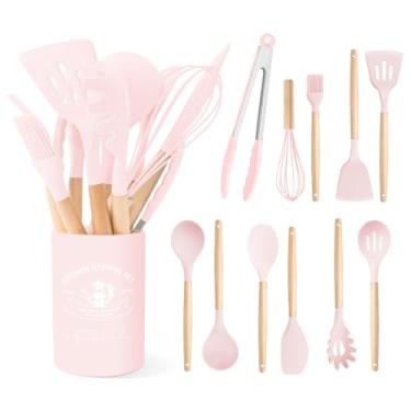 Imagem de Conjunto de utensílios de cozinha de silicone com cabo de madeira para cozinhar panelas antiaderentes de silicone resistente ao calor sem BPA (rosa)