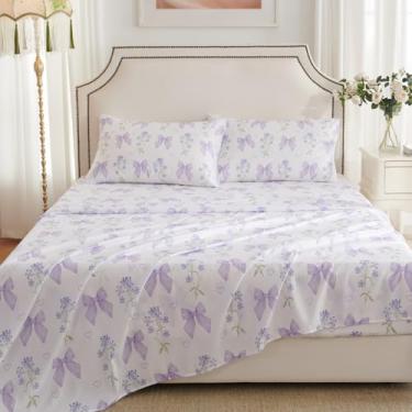 Imagem de CCoutueChen Jogo de lençol Queen com laço roxo, floral, microfibra macia, lençol de cima e fronha, estilo princesa, com laço, 4 peças