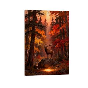 Imagem de Quadro parede outono-Árvore floresta veado ao sol Impressões em tela paisagens-Pintura animais para decoração sala estar 20x30cm Tela Embrulhada