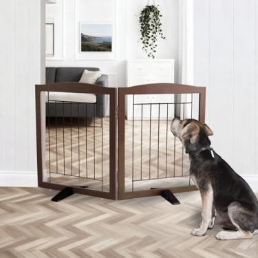 Imagem de ZJSF Cerca interna independente para cães, portão dobrável para portas, escadas ou corredores, portão extra largo de madeira resistente para animais de estimação com pés de suporte para casa, marrom