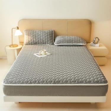 Imagem de Capa de colchão, acolchoado, de lã grossa, luxuosa, protetor de colchão de flanela de veludo, antiderrapante, cobertura total com elástico, macio, fofo, tamanho Queen, fácil de cuidar, cinza, 150 x