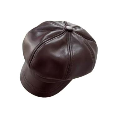 Imagem de Boina feminina de couro genuíno para pintura em pó elegante octogonal com ponta francesa, Café, 57 58 CM