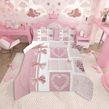 Imagem de Feelyou Conjunto de edredom casal com laço de amor, grinalda, rosa, romântico, coração, borboleta, decoração de quarto de microfibra, 3 peças com 2 fronhas