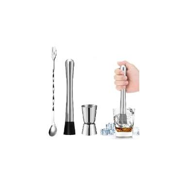 Imagem de Conjunto de 3 peças para coquetéis, alça ergonômica, colher de mistura durável, acessórios de bar para bebidas de frutas mojitos, prata