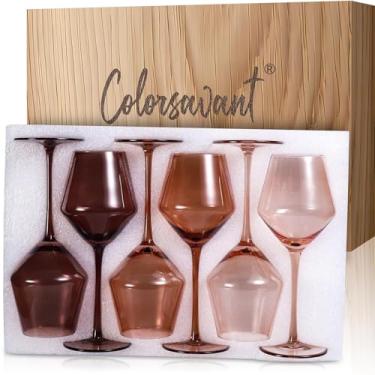 Imagem de Colorsavant Conjunto de taças de vinho marrom com haste âmbar soprada à mão de 170 – 473 ml, taças de vinho de outono para decoração de casa