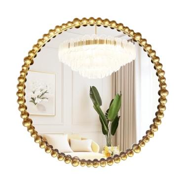 Imagem de ietat Espelho redondo dourado com moldura de contas, espelho de banheiro antigo círculo espelhos decorativos de parede para sala de estar, quarto, entrada