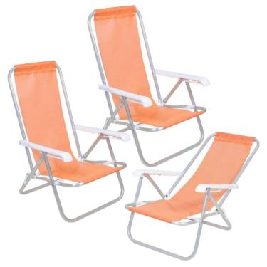 Imagem de Kit 3 Cadeiras de Praia Reclinável 4 Posições Alumínio Lazy Sannet Laranja - 023011 Belfix