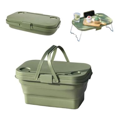 Imagem de Cesta Piquenique Tampa Vira Mesa Caixa Silicone Dobravel Camping Praia Pesca Cooler Bebidas Frutas Alimentos Alça Transp