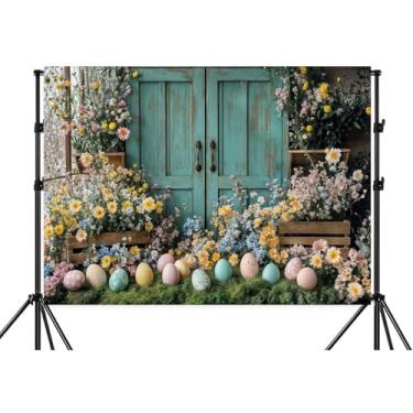 Imagem de 2,1 x 1,5 m, primavera, Páscoa, fundo azul, portas de madeira, flores, ovos coloridos, pano de fundo de coelhinho, casamento, aniversário, decoração de festa de Páscoa infantil, banner, adereços para