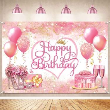 Imagem de LDWLYW Faixa de fundo rosa feliz aniversário decorações de aniversário ouro rosa para mulheres meninas balões grandes salto alto tema champanhe foto fundo pôster decoração de festa 1,5 x 3 pés