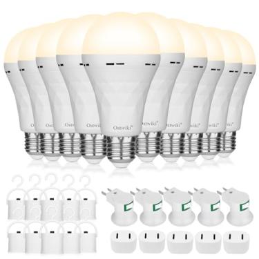 Imagem de Ostwiki Pacote com 10 lâmpadas recarregáveis, lâmpadas de emergência para falta de energia Hurricane Camping 3000K luz quente operada por bateria 9W E26 1200mAh lâmpada macia reserva de bateria para