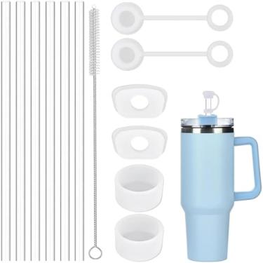 Imagem de 12 canudos de substituição com tampas de canudo para copo Stanley de 1,134 g, pacote com 6 canudos de plástico reutilizáveis com escova de limpeza, 4 plugues à prova de vazamento, 2 capas de canudo de