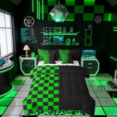 Imagem de Manfei Conjunto de edredom geométrico xadrez, tamanho casal, jogo de cama de videogame, decoração abstrata de treliça simples para crianças de todas as estações, preto e verde (elástico + lençol + 2