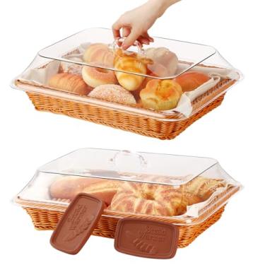 Imagem de LemonRoad Cesta para aquecedor de pão de 40,6 x 30,5 x 15 cm. Inclui toalha de linho, 2 cestas de pão com tampa, 3 pedras aquecedoras de argila para o outono de Ação de Graças, aquecimento de